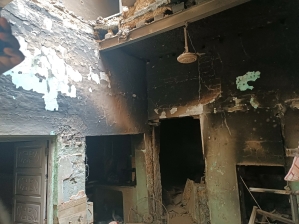 Home burned in rioting that began Aug. 16, 2023 in Christian Town, Jaranwala, Pakistan. 