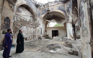 Damaged St. Mitrofanov Church in Lysychansk, Luhansk Region, Ukraine. 