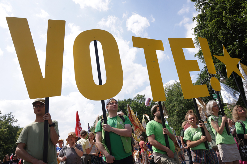 Protesters ahead of European Parliament elections in June 2024