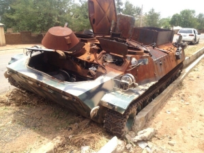 Nigerian army tank in Adamawa state, Nigeria captured by Boko Haram and later destroyed in military operations in 2015. 