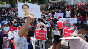 Demonstrators denounce military coup in Burma (Myanmar). 