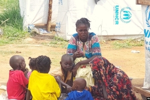 Sudanese family at Gorom Refugee Settlement in South Sudan in July 2023.